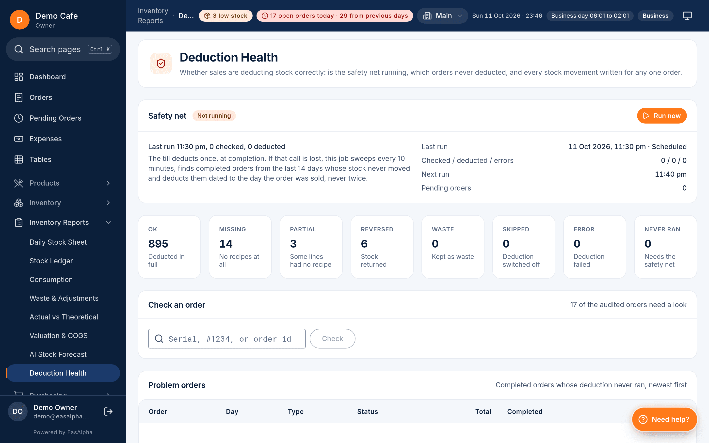 Deduction Health screen showing deducted, pending and retried orders