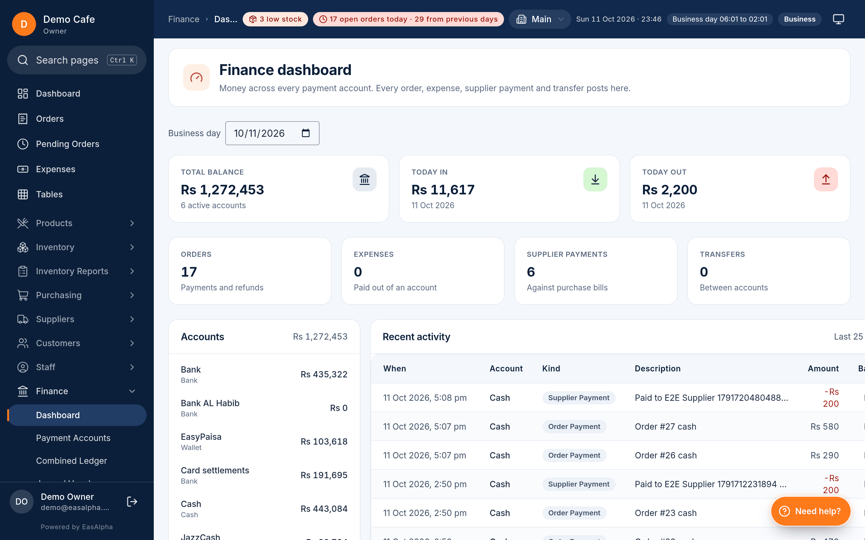 Finance dashboard with payment accounts and movements