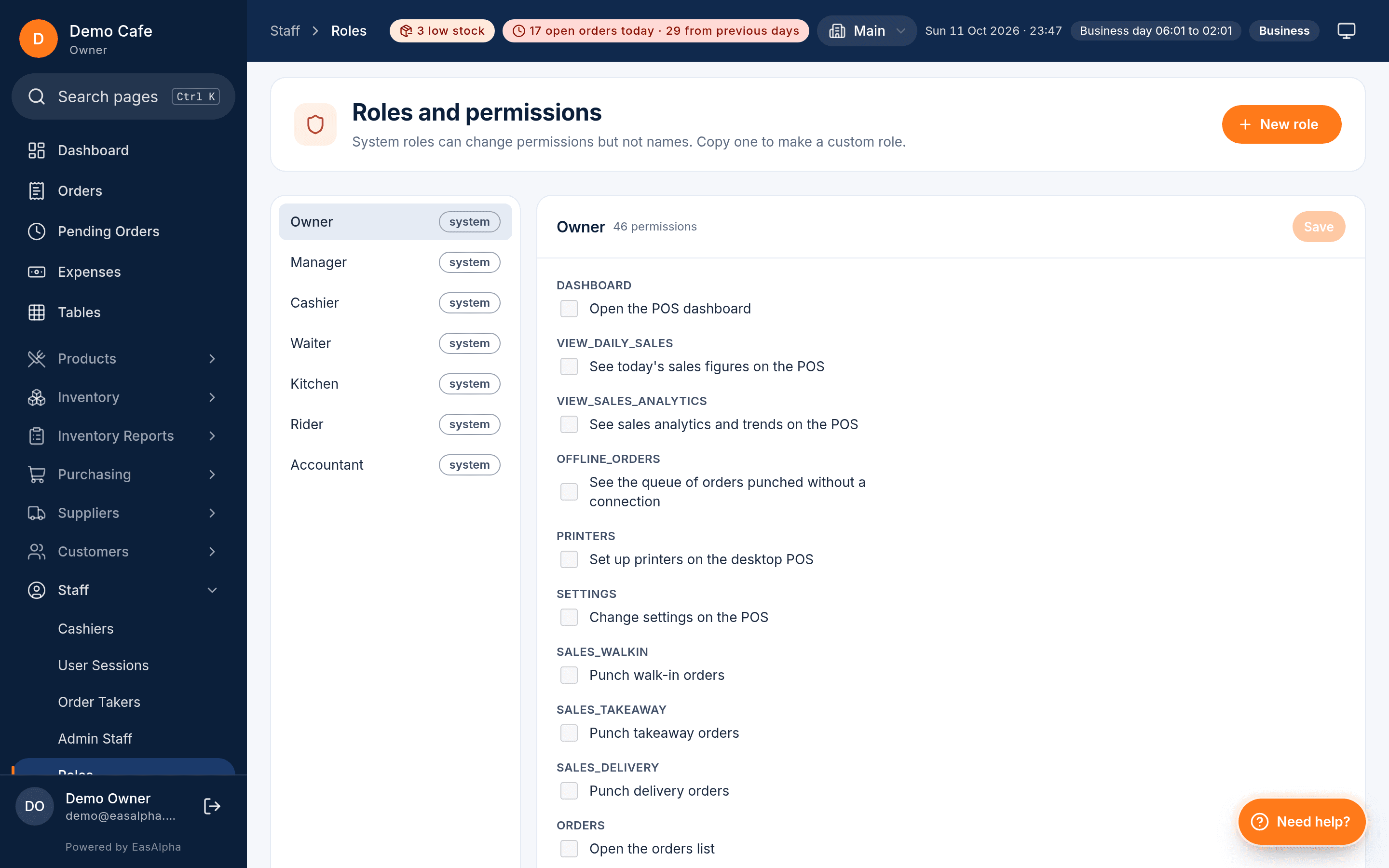 Permission editor with modules, presets and surface badges