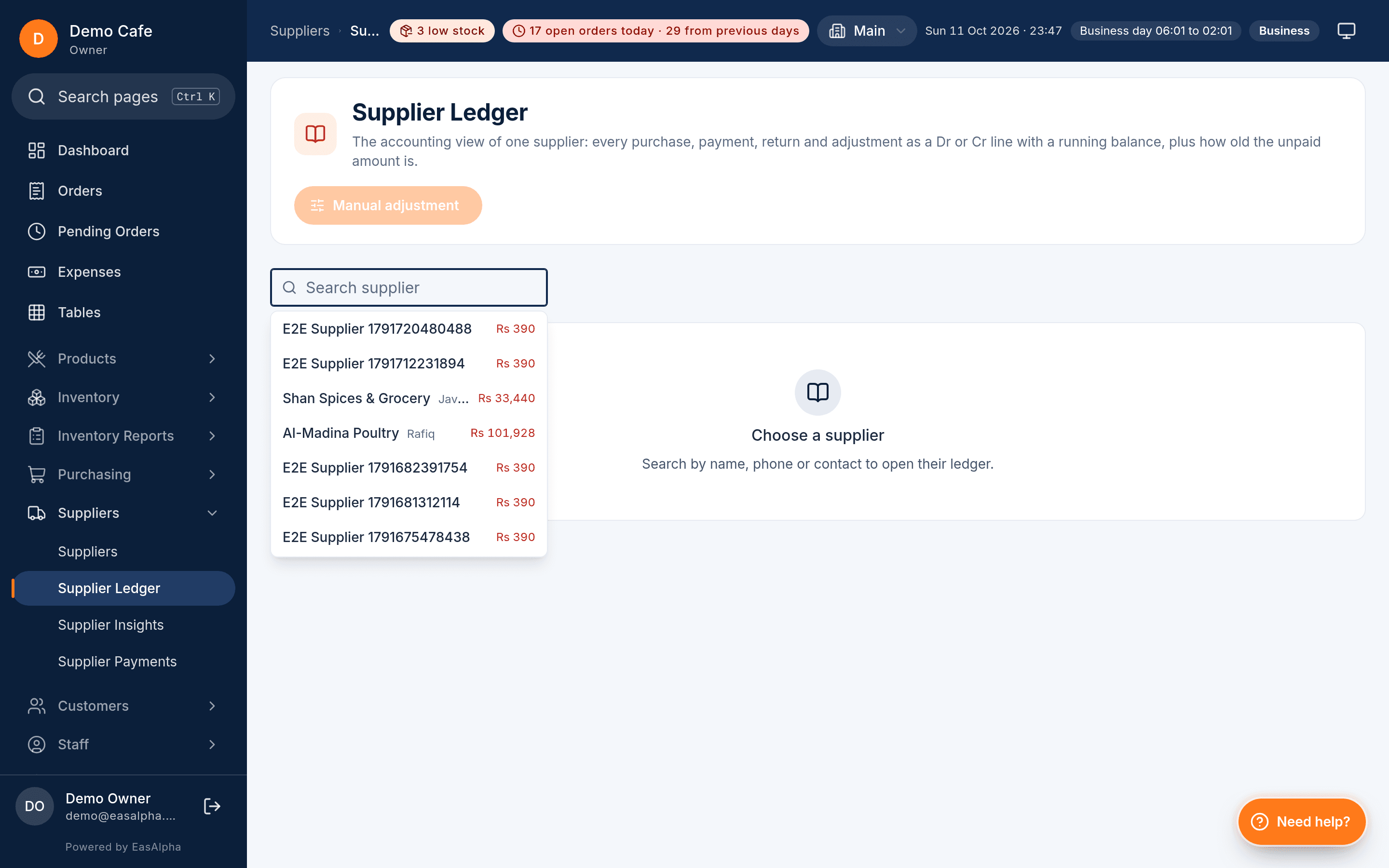 Supplier ledger with debit, credit and running balance