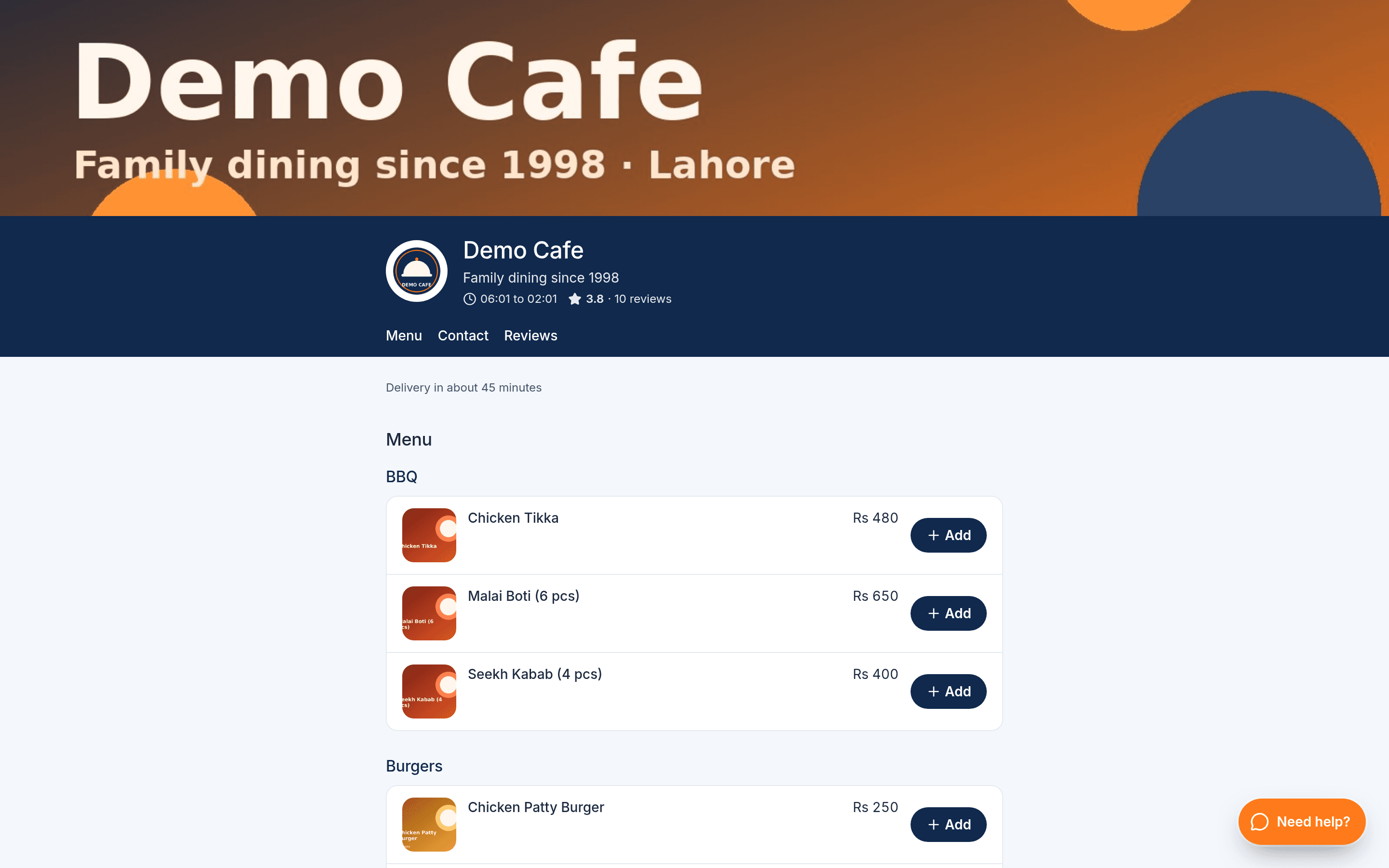 Restaurant storefront website with the menu and cart