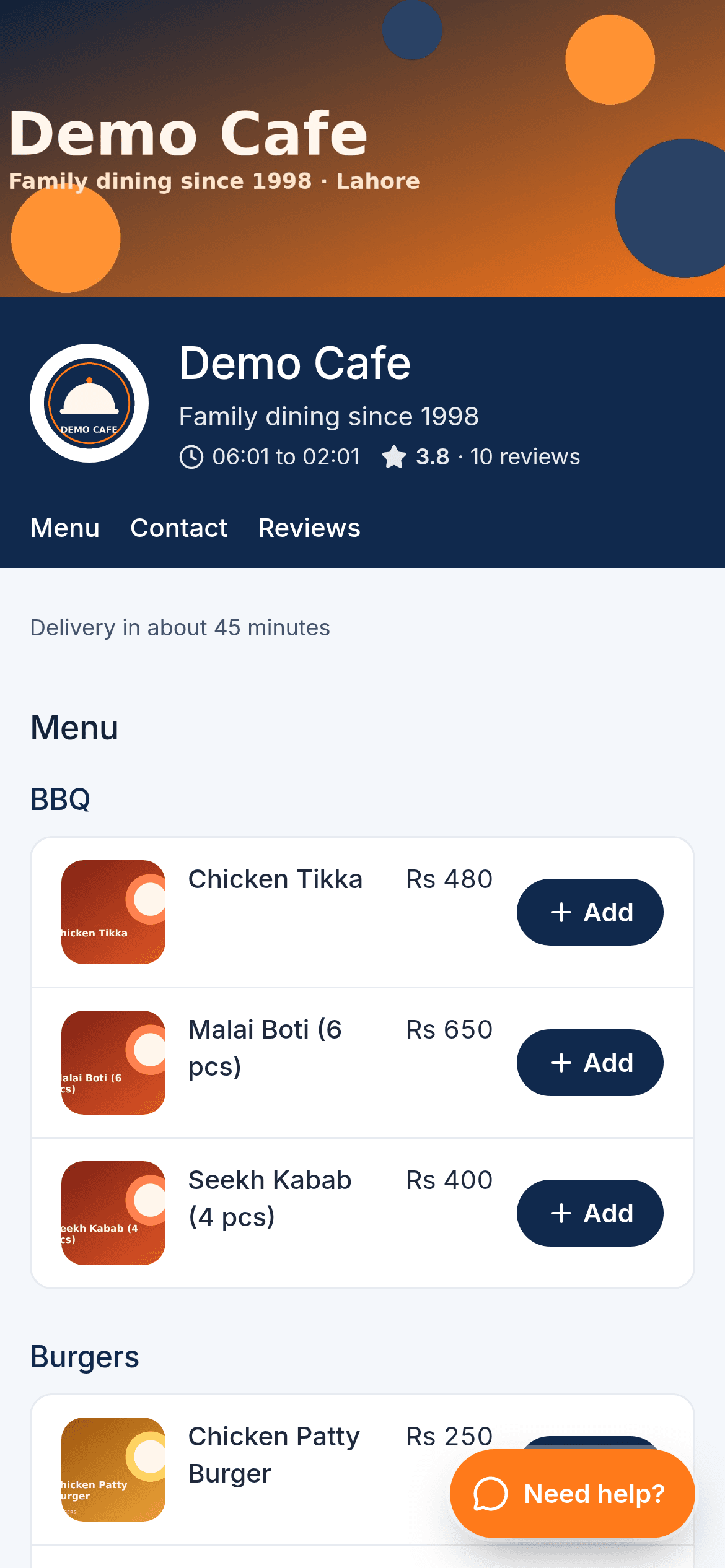 Storefront on a phone with the menu and ordering